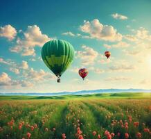 ai gerado quente ar balões vôo sobre florescendo Prado com papoilas foto