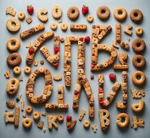 ai gerado Inglês alfabeto fez a partir de biscoitos e bagas em uma cinzento fundo. topo Visão foto