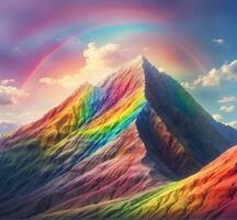 ai gerado arco Iris dentro a montanhas. panorama com arco-íris. 3d ilustração foto