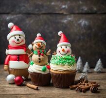 ai gerado Natal bolos de copo com boneco de neve e santa claus em uma de madeira fundo foto