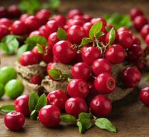 ai gerado cranberries com folhas dentro uma tigela em uma de madeira fundo. foto