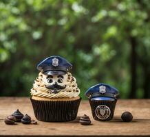 ai gerado policial Bolinho com creme e café feijões em de madeira mesa foto