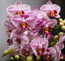 ai gerado fechar acima do lindo Rosa orquídea flores em uma Sombrio fundo. foto