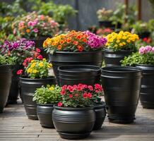 ai gerado flores dentro panelas em uma de madeira terraço. jardinagem conceito foto