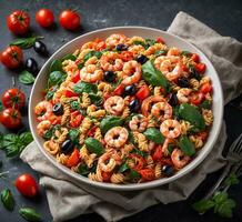 ai gerado fusilli massa com camarões, tomates, Preto azeitonas, e manjericão dentro tigela em Preto fundo foto