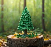 ai gerado pequeno decorativo Natal árvore em uma toco dentro a floresta. Natal e Novo ano conceito. foto