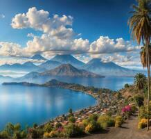 ai gerado panorâmico Visão do lago atitlán e vulcões dentro Guatemala foto