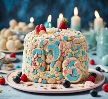 ai gerado chocolate Bolinho com chocolate creme e queimando velas em uma Castanho fundo foto