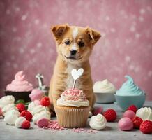 ai gerado fofa cachorro com Bolinho e merengues em Rosa fundo foto