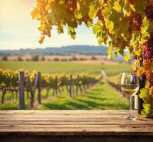 ai gerado vinho degustação dentro toscana, Itália. vidro do branco vinho em Vinhedo fundo foto