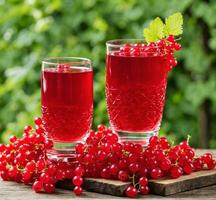 ai gerado dois óculos do vermelho groselha suco com fresco bagas em de madeira mesa dentro jardim foto