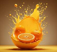 ai gerado laranja suco espirrado com laranja fruta em Castanho fundo. 3d Renderização foto