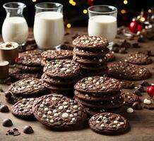 ai gerado chocolate lasca biscoitos com leite em uma de madeira mesa. Natal fundo. foto