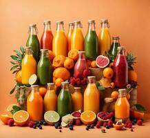 ai gerado garrafas do fresco suco com frutas e legumes em a laranja fundo. foto