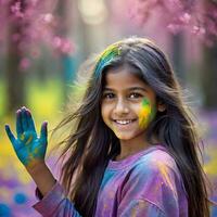 ai gerado potrait do indiano menina com colorida holi cor face posando às Câmera foto