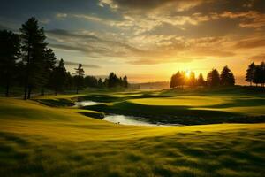 ai gerado uma dourado hora cena desdobra-se em a golfe curso, criando uma sereno pôr do sol espetáculo foto