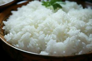 ai gerado fechar-se charme uma detalhado Visão do uma tigela com cozinhou branco arroz foto