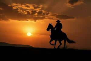 ai gerado vaqueiro silhueta uma wrangler passeios uma cavalo para dentro a cativante pôr do sol horizonte foto
