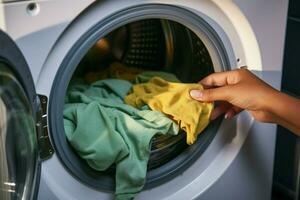 ai gerado roupas Cuidado uma mans mão gotas roupas para dentro a lavando máquina foto