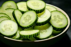 ai gerado mesa elegância fechar acima do uma solitário pepino fatia dentro tigela foto