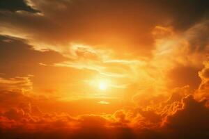 ai gerado atmosférico esplendor brilhante Sol e nuvem formação em laranja céu foto