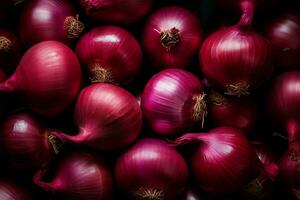 ai gerado vermelho cebolas arranjado dentro uma cativante topo visualizar, criando uma colorida culinária exibição foto