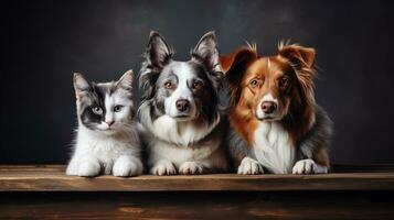 ai gerado dois cachorros e uma gato às uma de madeira mesa. estúdio claro. cópia de espaço. foto