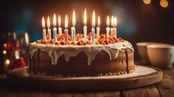 ai gerado aniversário bolo com queimando velas em de madeira fundo. seletivo foco. foto