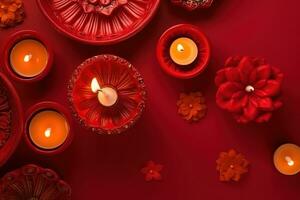ai gerado vermelho diwali fundo com velas e flores foto