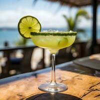 ai gerado Margarita daiquiri. coquetel com gelo, manjericão e limão fatias. coquetel às a bar. aquecer dentro a caloroso tarde Sol. a pano de fundo é uma calma mar com uma bokeh efeito. foto