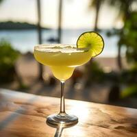 ai gerado Margarita daiquiri. coquetel com gelo, manjericão e limão fatias. coquetel às a bar. aquecer dentro a caloroso tarde Sol. a pano de fundo é uma calma mar com uma bokeh efeito. foto