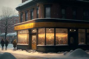 ai gerado uma pintura do uma Nevado rua com pessoas caminhando de uma loja foto