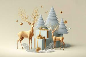 ai gerado Natal cartão com ouro veado e abeto árvores foto