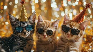 ai gerado três gatos com festa chapéus e óculos em borrado fundo, fechar-se, em ouro blured brilhar fundo, foto