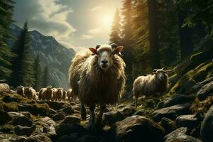 ai gerado uma rebanho do ovelha vagando no meio uma sereno floresta com uma majestoso montanha alcance dentro a fundo. a nascer do sol brilho ilumina a exuberante vegetação foto