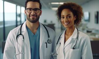 ai gerado dois melhor inteligente profissional sorridente médicos trabalhadores dentro branco casacos juntos em pé contra a hospital quarto foto