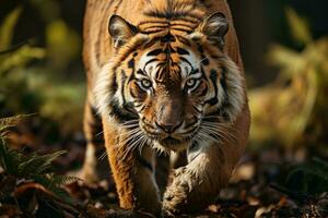 ai gerado majestoso tigre caminhando através uma exuberante floresta, Está intenso olhar capturando a essência do selvagem elegância e natural beleza. foto