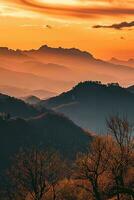 ai gerado tirar o fôlego pôr do sol iluminador uma em camadas montanha paisagem, com a laranja matizes fundição silhuetas e destacando a intrincado formas do nu árvores foto