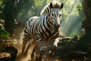 ai gerado uma dinâmico fotografia do uma zebra dentro cheio arrancada no meio uma sereno, iluminado pelo sol floresta. a zebra distinto listras contraste nitidamente com a em torno da vegetação foto