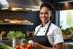 ai gerado retrato do uma sorridente Preto fêmea chefe de cozinha, generativo ai, fundo imagem foto