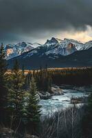 ai gerado uma sereno e majestoso panorama. a imagem captura uma deslumbrante pôr do sol sobre uma montanhoso terreno, fundição vibrante laranja e vermelho matizes através a sereno e majestoso panorama. foto