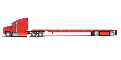 vermelho caminhão com mesa reboque 3d Renderização em branco fundo foto