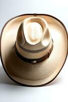 ai gerado retrato do uma vaqueiro chapéu contra branco fundo, uma de abas largas chapéu com uma Alto coroa, generativo ai foto