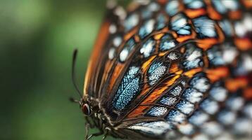 ai gerado fechar-se do uma borboleta asa, ampliação dentro em a intrincado padrões e balanças do uma borboleta asa, revelador Está natural beleza, fundo imagem, generativo ai foto