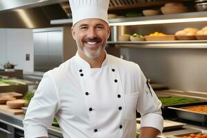 ai gerado retrato do uma sorridente branco masculino chefe de cozinha, generativo ai, fundo imagem foto