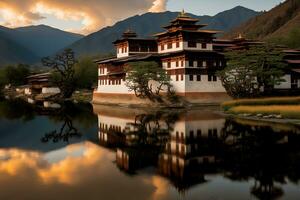 ai gerado a lindo butanês têmpora é refletido dentro a água foto