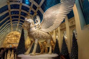 ai gerado uma estátua do uma cavalo com asas dentro uma Shopping foto