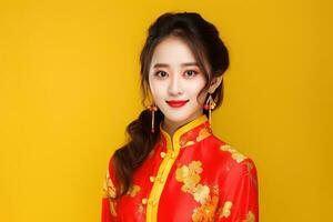 ai gerado feliz jovem ásia mulher vestem tradicional chinês traje em estúdio fundo, feliz chinês Novo ano foto