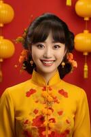 ai gerado estúdio retrato do feliz jovem ásia mulher vestem tradicional chinês traje em vermelho fundo, feliz chinês Novo ano. foto