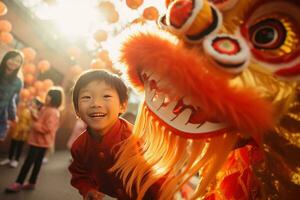 ai gerado feliz ásia criança a comemorar chinês Novo ano ao ar livre foto